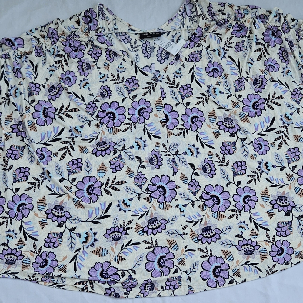 Lane Bryant Floral Blouse Cream Purple Ruffle Sleeve V-Neck Plus Size NWT, 34/36 - Picture 11 of 14